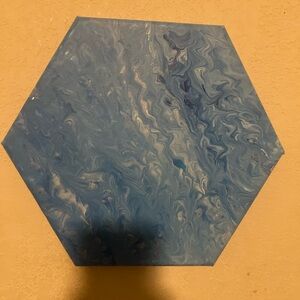“BLUE OCEAN SWIRL” ORIGINAL ACRYLIC POUR HEXAGON CANVAS BLUE UNFINISHED BACK NEW